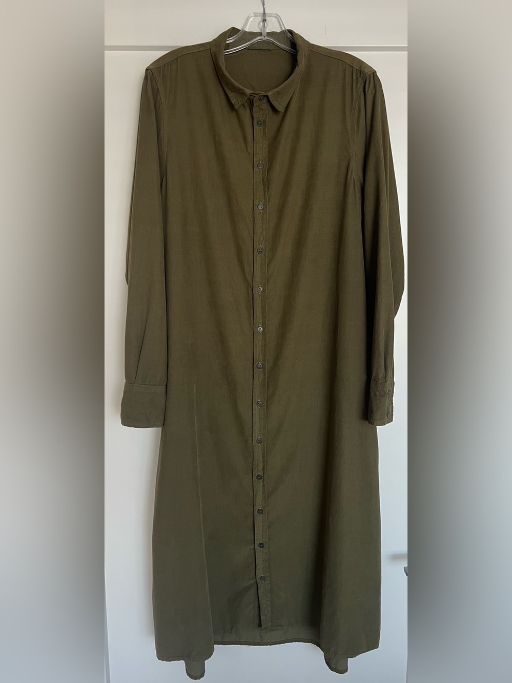 CP Shades Micro Baby Corduroy Harper Midi Shirt Dress Olive Green Size Medium